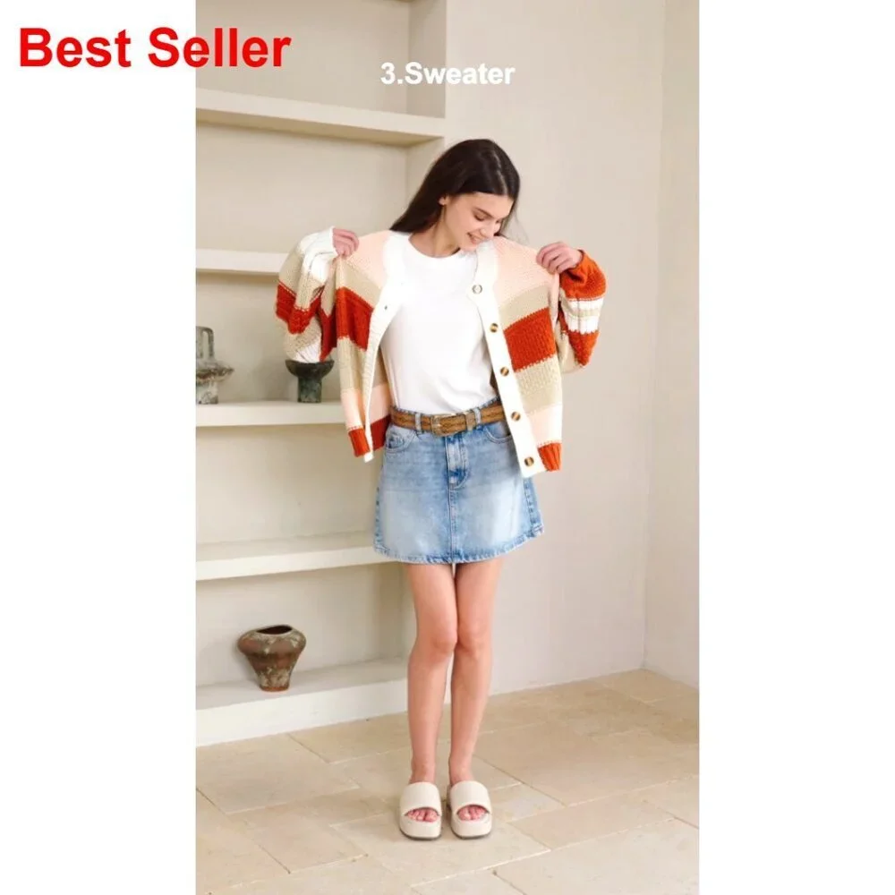 Striped Chunky Cardigan Sweater Button Up Oversized Long Sleeve Knit